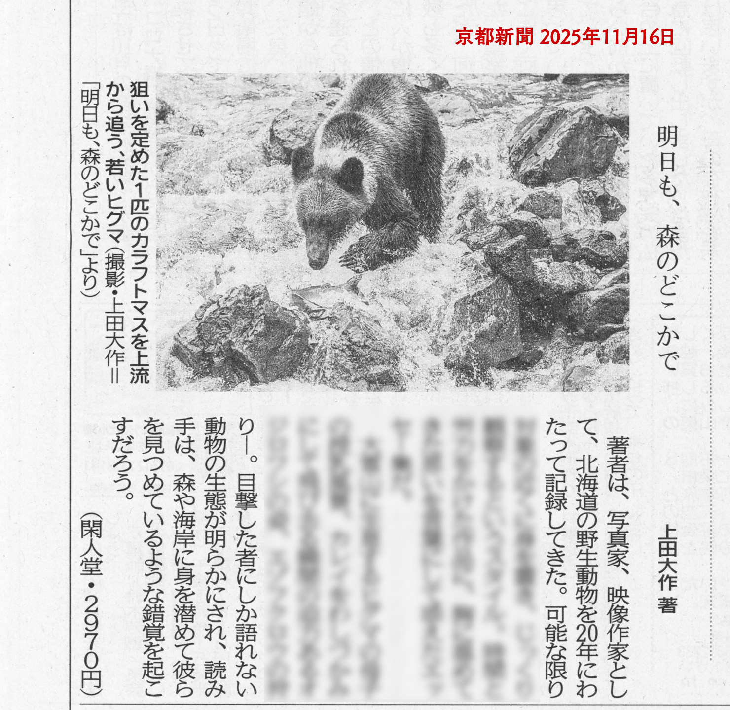 京都新聞の読書面で『明日も、森のどこかで』紹介 | 閑人堂